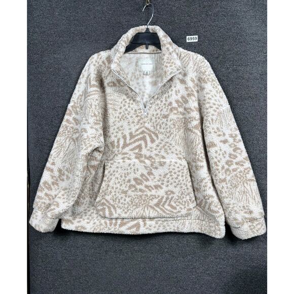 American Eagle Sherpa Sweater Womens Sz L Fuzzy Leopard Print Half Zip Pullover - Picture 1 of 9
